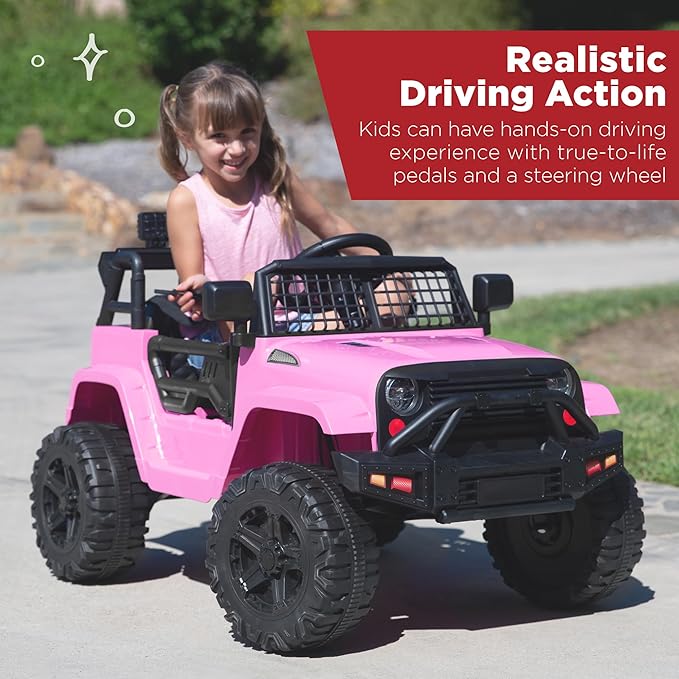 Best Choice Products 12V Kids Ride On Truck Car w/Parent Remote Control, Spring Suspension, LED Lights, AUX Port - Pink