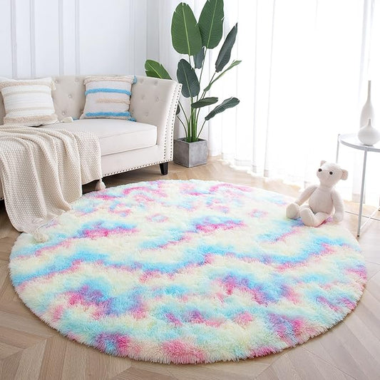 junovo Soft Round Rainbow Area Rugs for Girls Room, Fluffy Colorful Circle Rugs for Kids Bedroom, Cute Circular Rug Princess Castle Plush Shaggy Carpet for Kids Teen Baby Room Nursery Home Decor, 6ft