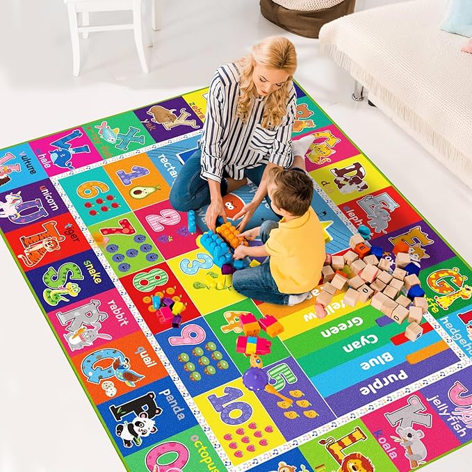 ABC Carpet, Kids Rugs for Playroom, Educational Play Mat for Kids, Preschool Rugs with ABC, Numbers, Animals Learning Rugs for Bedroom Playroom Classroom Baby Toddler Children (Blue, 59X39.4 INCH)