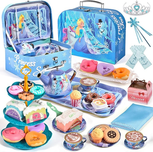 Golray Tea Party Set for Little Girls Toys, 49Pcs Kid Tin Tea Set & Luxury Food Playset & Carry Case, Kitchen Pretend Play Toy 3-5 Years Toddler Girls Birthday Gift