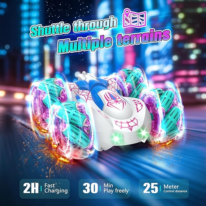Remote Control Car 2.4Ghz RC Cars with LED Lights Double Sided Off-Road 360°Rotating Roll RC Cars Rechargeable 4WD RC Stunt Car Indoor Outdoor Toys for Boys Girls 6-13 Gifts (Pink)