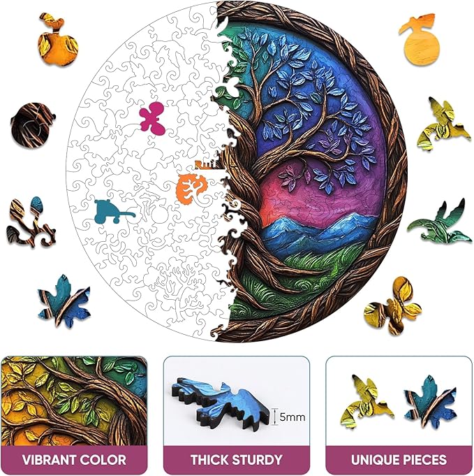 Tree of Life Puzzles for Adults,200 Pieces Wooden Jigsaw Puzzles for Adults and Kids,Extra Thick 5MM,Unique Irregular Shape Tree Puzzles,Family Game Birthday Gifts,11.2x11.2Inches
