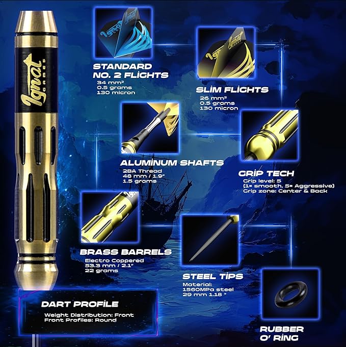 IgnatGames Steel Tip Darts Set - 3/6/12 Pack Brass Darts Metal Tip Set with Exquisite Case - Aluminum Shafts, 2 Sets of Flights, Dart Tool & Sharpener