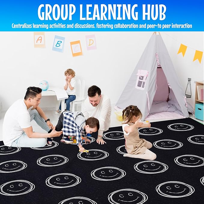 Hudson Comfort Classroom Rug 9x12 - Rugs for Elementary, Daycare, Nursery, and Playroom - Super Soft Non-Slip Carpet - Kids Fun Floor Mat for Playtime (Smiley Face)