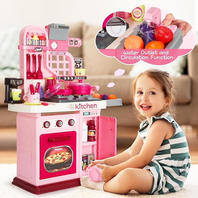 Kids Kitchen Playset, 27.1 Inches Play Kitchen with Sound and Light, Kitchen Set for Toddlers 1-3 3-5, Cooking Stove, Play Sink and Kitchen Accessories, Toy Kitchen (Pink)