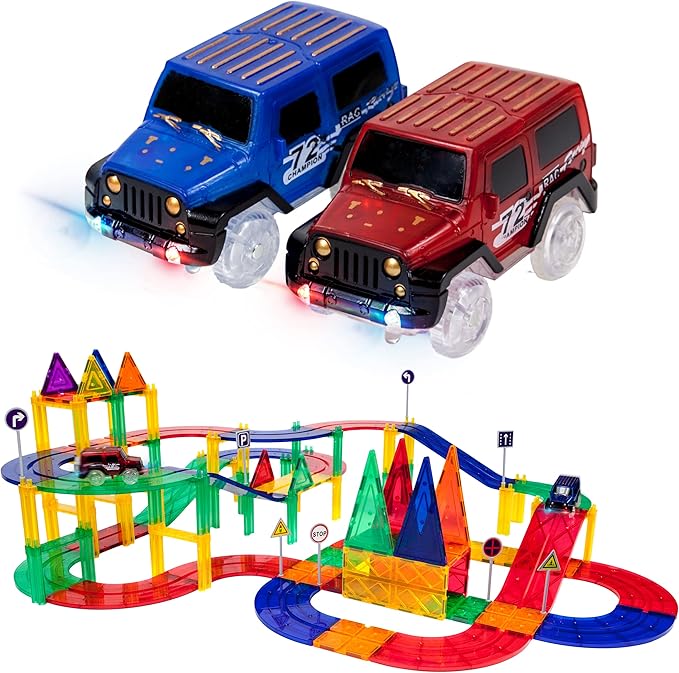 PicassoTiles 80 Piece Race Car Track + Ideabook with Over 150+ Ideas, Magnet DIY Playset 2 Light Up Car STEM Learning Kit Hand-Eye Coordination Fine Motor Skill Training, Unique Innovative Creations