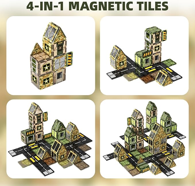 48PCS Army Magnetic Tiles Building Toys for Boys 3+, Military Magnetic Blocks for Toddlers STEM Construction Preschool Toys for Kids, Upgraded Sensory Magnets for Kids Birthday Gifts
