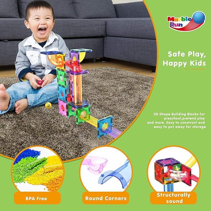 PicassoTiles Marble Run Magnetic Tile Race Track Toy Play Set STEM Building & Learning Early Educational Child Magnet Construction Block Creative Kit Boys & Girls Age 3+ Years Old Toys PTG40