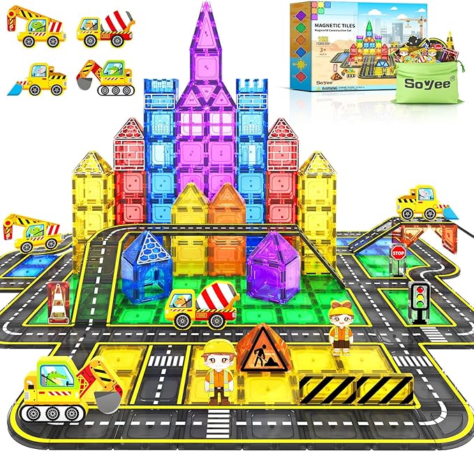 102 PCS Magnetic Tiles Construction Toys Magnet Building Toys for Boys and Girls Ages 3-5 5-7 8-10, STEM Sensory Toys Creative Play Includes Roads, Vehicles, Dolls, Traffic Signs and Construction Sign