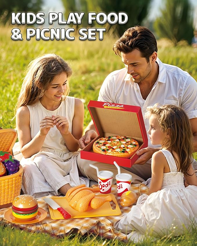 80pcs Pretend Play Food for Kids, Cutting Toy Food Set with Picnic Basket, Play Kitchen Accessories, Food Toys with Veggies, Fruits, Pizza Toy for Boys Girls Gift