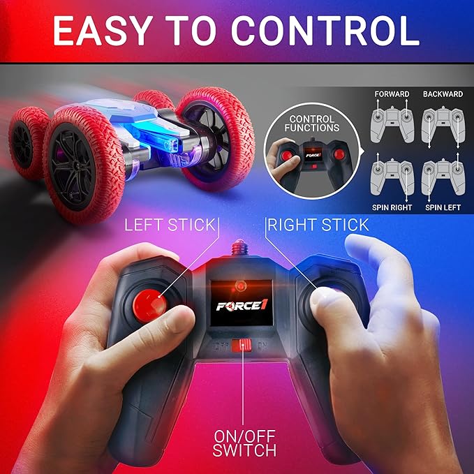 Force1 Tornado+ Remote Control Car for Kids- Double Sided Fast RC Cars with LED Interactive Display, 4WD Off-Road Stunt Car 360 Flips, All Terrain Tires, RC Crawler Rechargeable Battery, 2.4GHz Remote