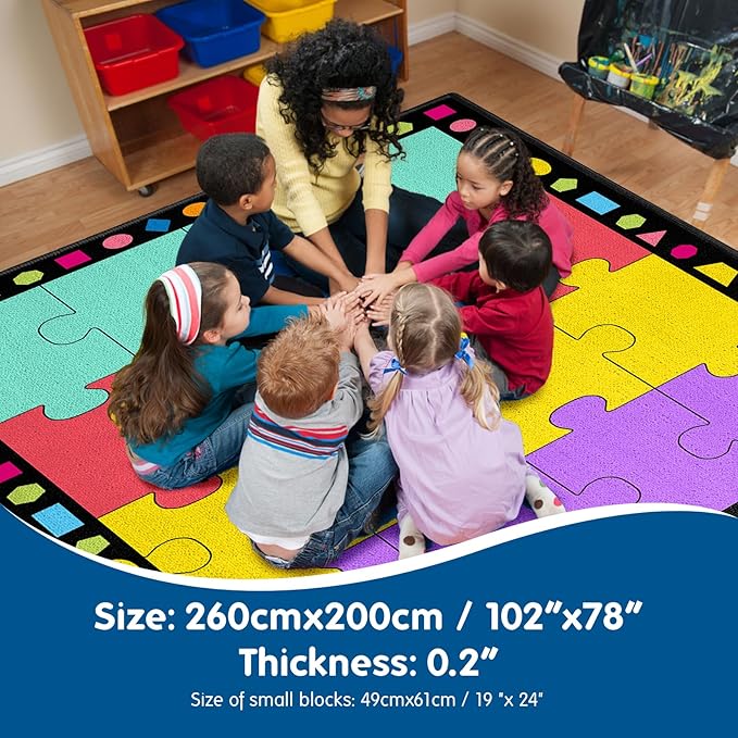 Booooom Jackson Classroom Rug Elementary 16 Seats Classroom Carpet 6.5 x 8.5 ft Preschool Rugs Colorful Puzzle Seating Rug with Non-Slip Backing for School (PzLaB-2620)