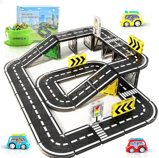42pcs Magnetic Tiles Road, Magnetic Building Blocks City Construction Toys for 3+Year Old Boys & Girls, Montessori Toys for Toddler, STEM Learning Gifts