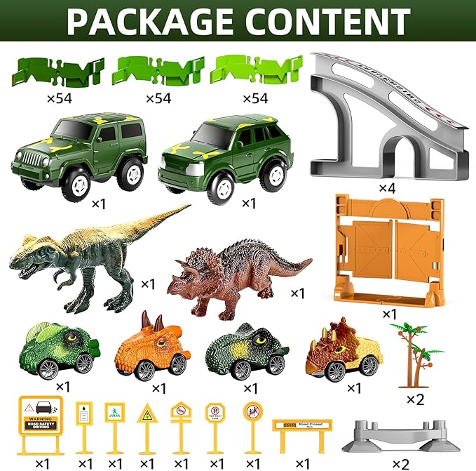 144 Pieces Dinosaur Toys Car Race Tracks Sets for Kids 3 4 5 6 7 8 Years Old - Flexible Tracks Playset with Kids Dinosaur, Electronic Toy Cars for Boys, Birthday Gifts for Toys Toddlers 3-5