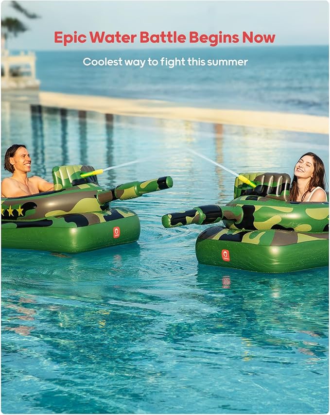QPAU Inflatable Tank Pool Float for Adults & Kids – Ride-On Camouflage Floaty with Water Cannon, Swim Raft Toy for Boys Girls Ages 6+, Lake Beach Backyard Party Floaties