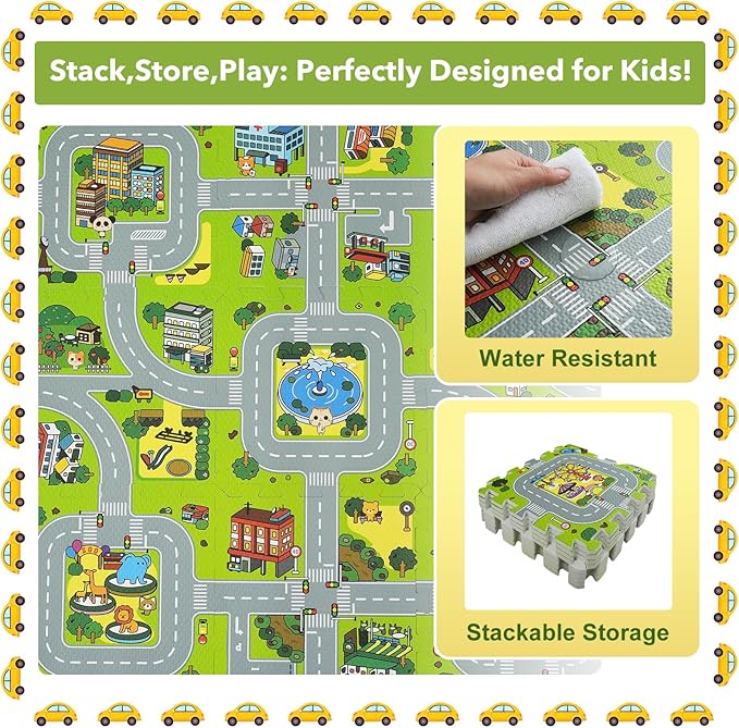 Skyweaver Traffic Play mat Puzzle Foam Interlocking Tiles – Kids Road Traffic Play Rug - Children Educational Playmat Rug - Interlocking Foam Tiles City Road Track Puzzle Mat (18Pcs)