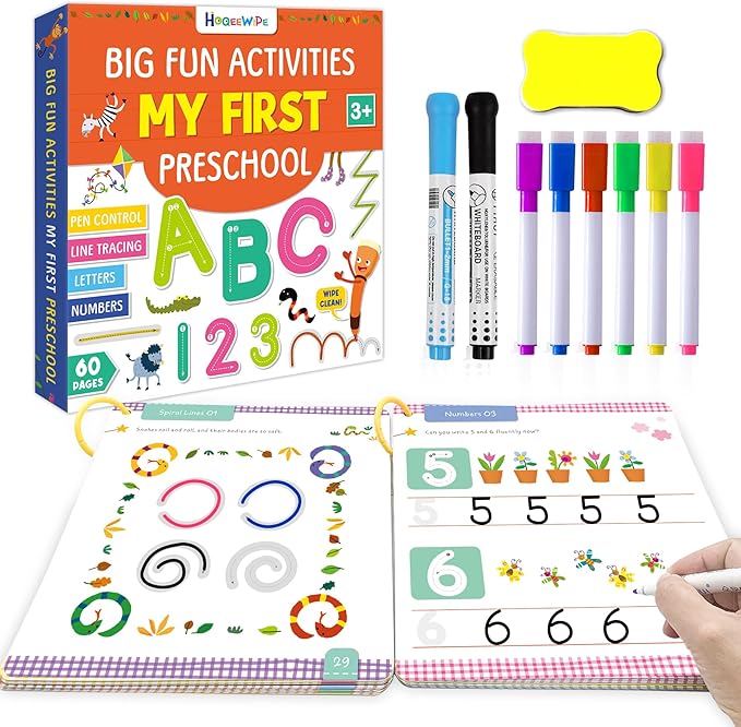 HOQEEWIPE Preschool Learning Activities Workbook - Fun Reusable 60 Pages Tracing Books for Kids Ages 3-5, Numbers, Letters, Fine Motor Skills Educational Learning Toys for Toddlers 2-4 Years Old