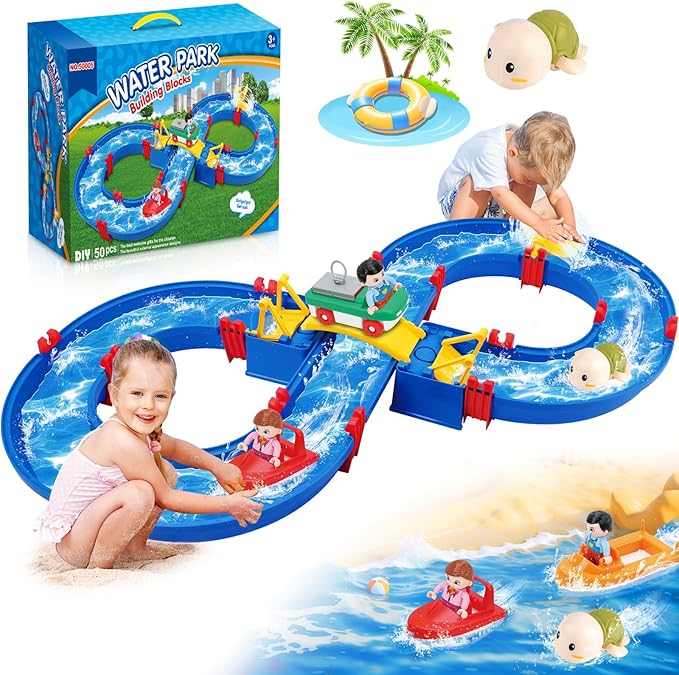 Upgraded Water Table for Toddlers 1-3 & Kids 4-8, Outdoor Water Play Activity Toys with Swimming Turtle, 2 Boats, Summer Beach Backyard Water Playset for Boys Girls