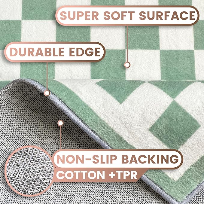 Washable 5x7 Checkered Area Rug for Living Room, Sage Green Checkerboard Modern Boho Large Rugs, Ultra Thin Low Pile Lightweight Indoor Carpet with Non-slip Backing for Bedroom Classroom Playroom Kids