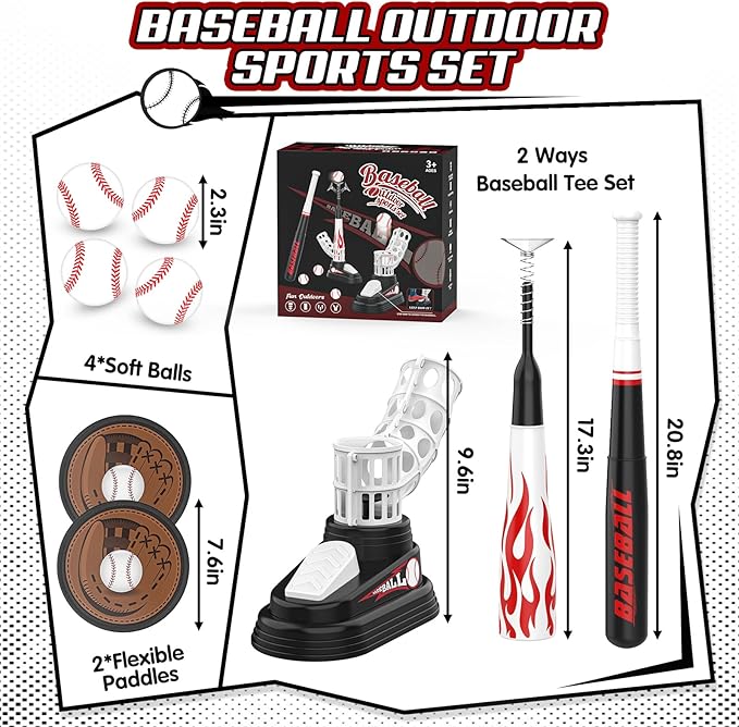 T Ball Set for Kids Toddlers 3-5, Toss and Catch Ball Game Outdoor Toys with Fixed Tee Ball Stand, Baseball Launcher, Softballs and Beginner Glove, Sport Toy Gift Idea for Boys and Girls