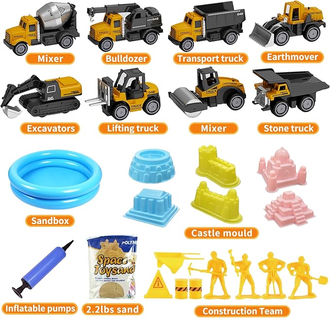 Play Construction Sand Kit,2.2lbs Magic Sand,8 Alloy Construction Vehicles,1 Inflatable Sandbox,8 Worker Figures and Road Signs,6 Castle Molds,1 Storage Box, Sensory Toys for Kids Ages 3+