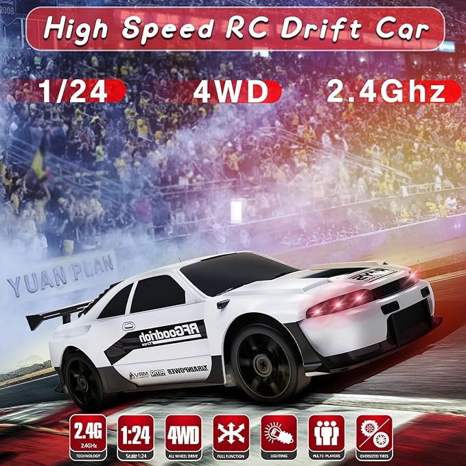 RC Drift Car, 1/24 Remote Control Car 4WD RC Cars for Kids, 2.4GHz Hobby Racing Car Toys White Drifting RC Car with LED Light Rechargeable Battery and Drift Tires Toy Cars for Boys
