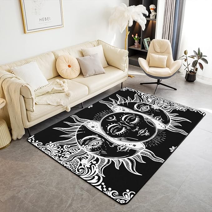 Erosebridal Sun and Moon Area Rug 5x6'6'' Boho Exotic Style Rugs for Adult Women Teens Black White Bohemian Mandala Decor Down, Bohemian Botanical Floral Non Slip Decorative Rug