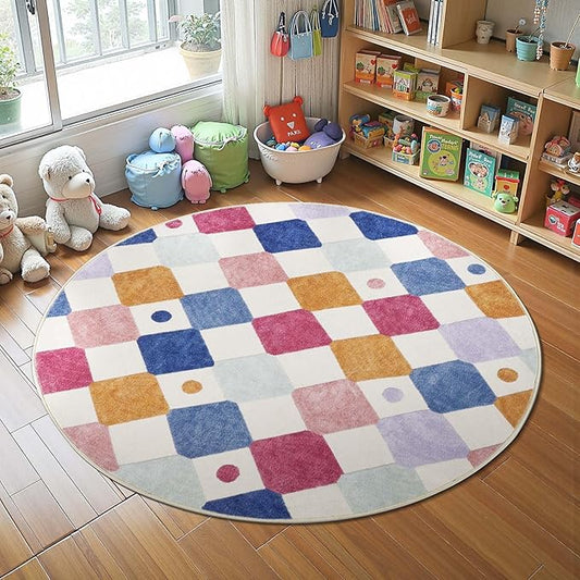 jinchan Round Rug 4ft Kids Washable Rug Colorful Trellis Indoor Floor Cover Non Slip Soft Modern Living Room Diamond Carpet for Nursery Room Bedroom Playroom Berries on Cream