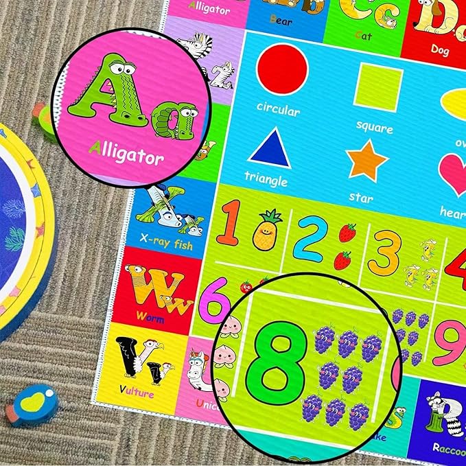 Kids Alphabet Play Game Rug - 6'x9' ABC Numbers and Shapes Educational Learning Toddler Carpet - Kids Room Playroom Classroom Kindergarten Activity Fun Soft Non-Slip Mat