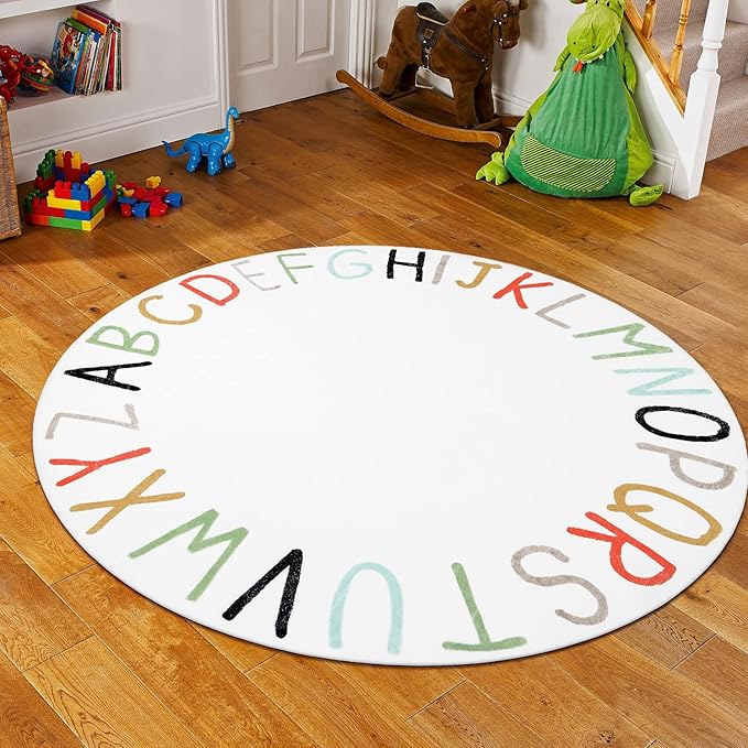 Topotdor Rainbow Round Kids Play Rug Alphabet Nursery Area Rug Extra Large Soft Crawling Play Mat for Children Toddlers Bedroom (71 inch, Multi Color)
