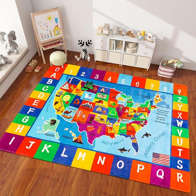 USA Map ABC Kid Rug 47x70.9IN for Playroom & Classroom - Fluffy, Non-Slip, Educational Baby Playmat with Alphabet Design