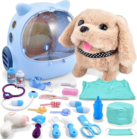 25Pcs Doctor Kit for Toddlers 1-3-5 Doctors Play Set Toddler DR Toys Set Walking Barking Dog Toys for Kids Veterinarian Playset Kids Puppy Pet Vet Kit 3 4 5 Year Old Girl Birthday Gift Toys