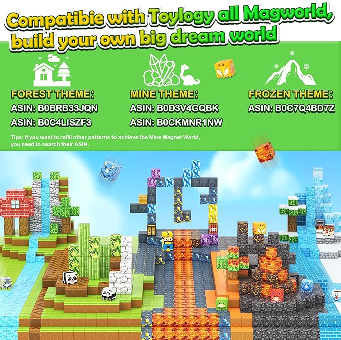 Magnetic Blocks-Build Mine Magnet World Dinosaur Panda Toys Kids Games, Toddler STEM Educational Sensory Dino Toys for Kids 3-5 5-7, Birthday Gifts for 3 4 5 6 7 8 Year Old Boys and Girls