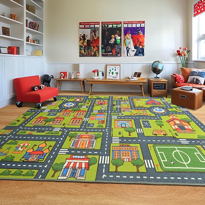 Merelax 3x5 Kids Car Rug Grey Green Area Rugs for Living Room Playroom Classroom Bedroom, Non Slip Kids Play mat Washable Rug, Educational City Traffic Road Map Fun Car Carpet for Ages 3-12