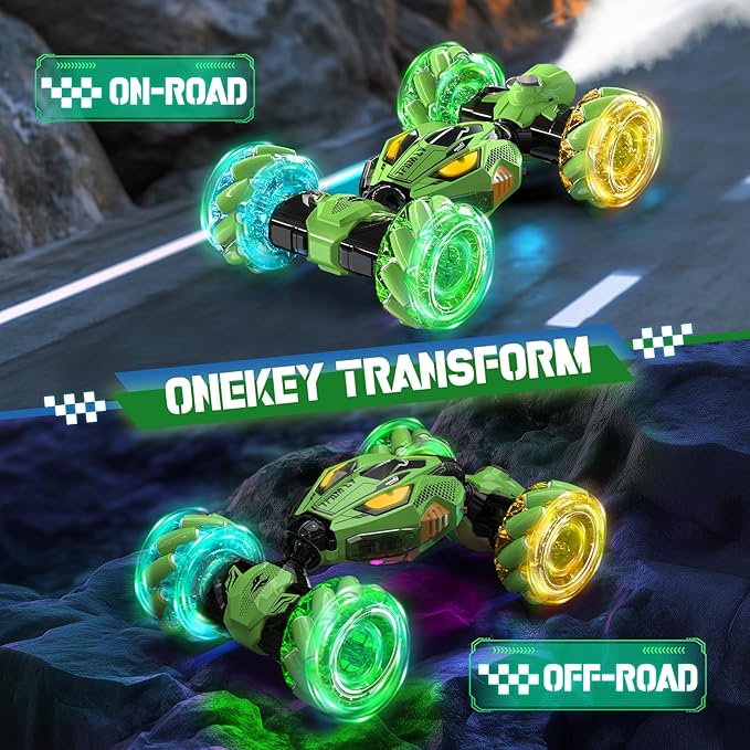 Gesture Sensing RC Stunt Cars - Toys for Boys Girls 6-12 | Best Gifts for Kids 6-12 Years Old | 4WD 360° Rotating Remote Control Transform Car | All-Terrain Off Road Vehicle with Lights Music Green