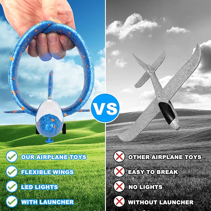 Fuwidvia 4 Pack Airplane Launcher Toys, 2 Flight Modes LED Foam Plane Toy for Boys, Outdoor Flying Toys Birthday Gifts for Boys Girl 4 5 6 7 8 9 10 11 12 Year Old