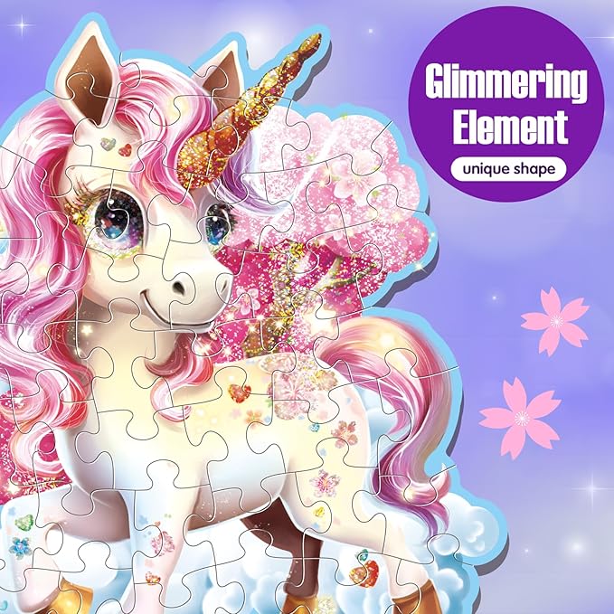 Jumbo Shimmery Floor Puzzle for Kids,Unicorn Jigsaw Large Puzzles,45 Piece Unicorn Puzzle for Toddler Ages 3-5,Children Learning Preschool Educational Toys,Birthday Gift for 4-8 Years Old
