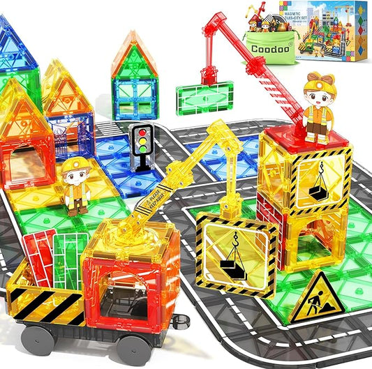 Kids Games Magnetic Tiles with 2 Cranes Construction Toys Set Sensory Toys for Boys Girls Ages 3-6 5-7 8-13, Gifts for 3+ Year Old Boys Girls Toddler Outdoor Kids Toys with Car