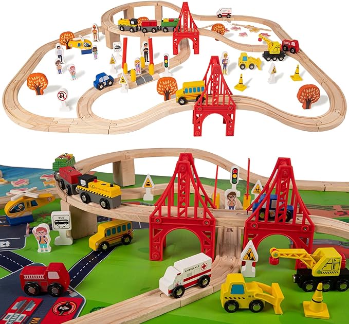 100 Pcs Wooden Train Track Set, Toys Train Railway Vehicles for 3-10 Years Old Kids Boys & Girls Christmas Toys, Fits with Thomas, Brio, IKEA, Melissa and Doug