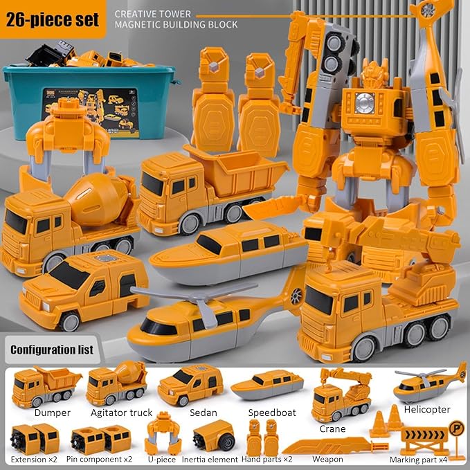 Mangetic Transform Engineering Car Assembled Toys, Transforming Robot Car Toy, Kids' Play Construction Vehicles, Outdoor Toddlers Activities Toys Magnetic Blocks for Kids Age 3-8(Yellow-35pcs)