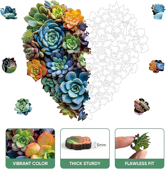 Heart Succulent Wooden Puzzles for Adults, 500 Piece Unique Shaped Wood Jigsaw Puzzles for Adults and Kids, Fun Challenging Puzzles Family Game Gift, 17.5'' x 16.7''