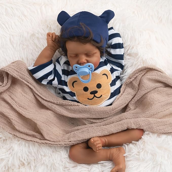 Jirachi Black Realistic Baby Doll Boy, 18-inch Black American Reborn Baby Soft Body Lifelike Doll with Feeding Toy for Kids Age 3+
