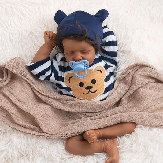 Jirachi Black Realistic Baby Doll Boy, 18-inch Black American Reborn Baby Soft Body Lifelike Doll with Feeding Toy for Kids Age 3+