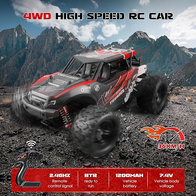 1:18 Scale RC Cars, 36 KM/H High Speed, 2.4 GHz Remote Control and 2 Rechargeable Batteries，4 Shock Absorbers, for Xmas (Red)