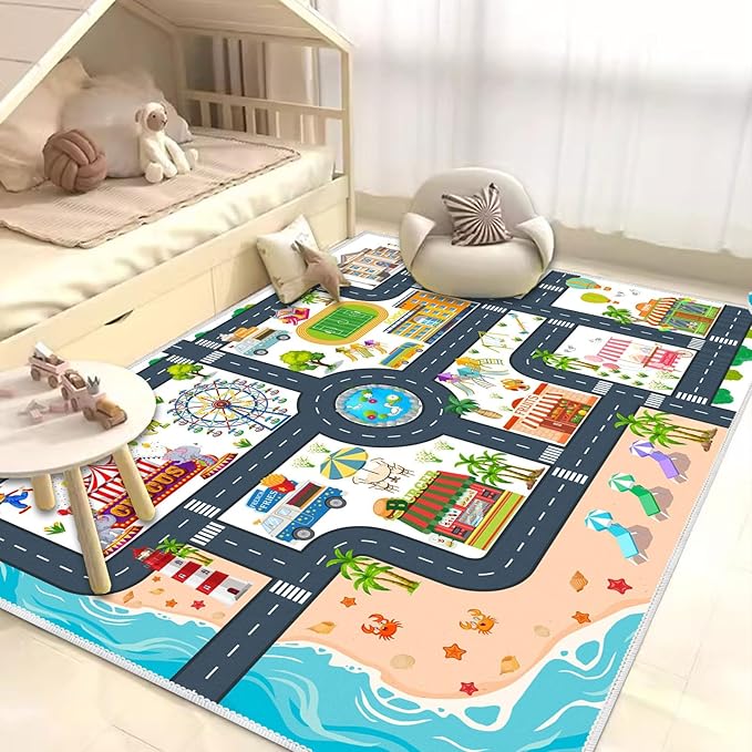 Kids Carpet Playmat Car Rug, Car Rug for Kids Toy Cars and Train, Non Slip Play Mat for Playroom Kids Room, City Life Educational Road Traffic Carpet for Classroom Nursery(White,31×47in)