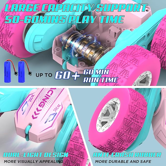 Remote Control Car for Girls, RC Car for Girls, 360° Stunt Rotating Double-Sided Race Remote Cars with Headlights, Fun Toys Christmas Birthday Gifts for 4-7 8-12 Years Old Boys Girls