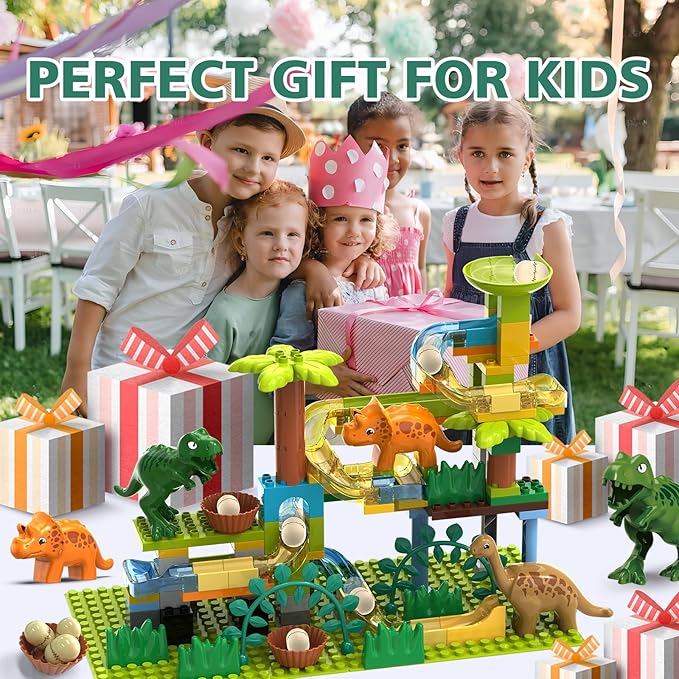Dinosaur Marble Runs for Kids 4-8 Building Blocks/125Pcs Classic Big Blocks Compatible with LEGO DUPLOS for Age 2-5/Montessori Learning STEM Toys/Toddler Marble Maze Gift Toy for Kids Age 3,4,5,6,7,8+