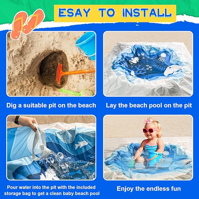Square Baby Beach Pool, 6.5 X 6.5Ft Portable Cartoon Ocean Theme Toddler Beach Puddle, Waterproof Sandproof 2 in 1 Cute Toddler Paddling Pool Beach Blanket with Carrying Bag for Boys Girls