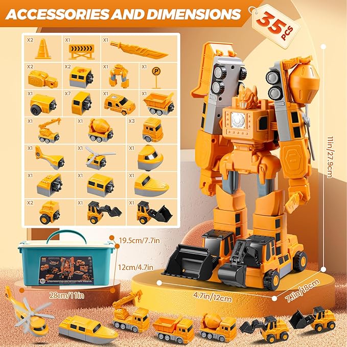 Magnetic Transform Engineering Car Assembled Toys with Storage Box, Robot Magnetic Blocks Toy, Construction Vehicle Engineering Cars for Kids Ages 3-9 Toddler Activities - 35 Pieces