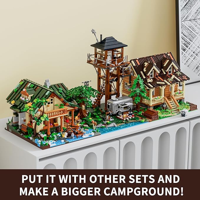 Funwhole Lookout Campground Lighting Building-Bricks Set - Retro Wild Lookout Tower Camping Car and Family Minifigures LED Light Building Set 1426 Pcs for Adults and Teen